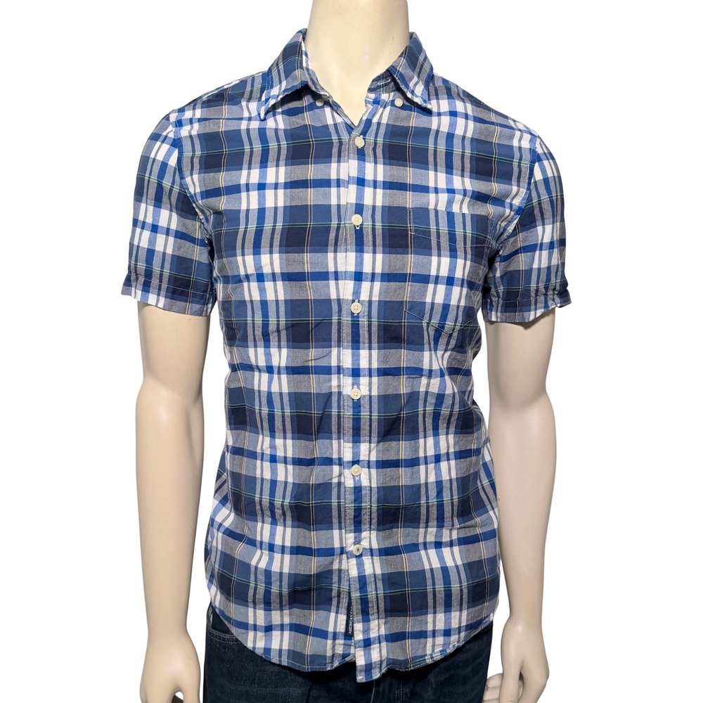 American Eagle Button Down Shirt Mens Medium Blue Plaid Excellent Short Sleeve